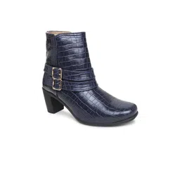 VALIOSAA Navy Blue Textured Block Heeled Boots