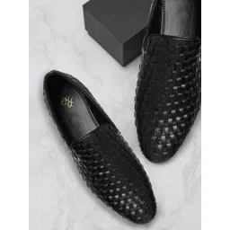 House of Pataudi Men Black Basketweave Handcrafted Leather Slip-Ons