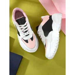 Roadster Women White and Pink Colourblocked Casual Synthetic Leather Shoes