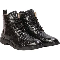 Leather Collection Mens Alligator-Embossed Lace-Up Boots in Black Textured Leather, Mid-Top Statement Design