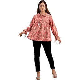 Women's Cotton Floral Printed Classic Small Boota Collarad Fashion Sleeve Top