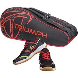 Gowin Badminton Shoe Smash Black Size-11 Kids with Triumph Badminton Bag 303 Black/Red