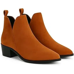 Women's Ankle Boots, Camel Brown Suede, Block Heel Chelsea Style, Side V-Cut Design