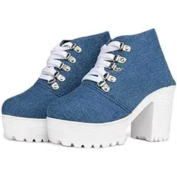 Deluxe Denim Heel Boots for Women | Fashionable Lace-Up Boots adorned with Metal Accents