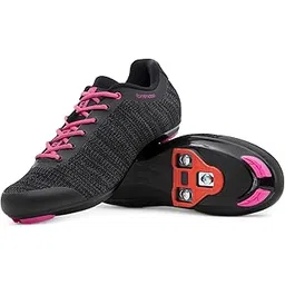 Pista Aria Knit Women's Cycling Shoes, Indoor Cycling Class Ready Shoe and Bundle with Compatible Cleat, Look Delta, SPD - Black, Pink, Grey, Blue