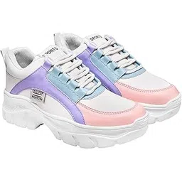 Women Chunky Sneakers – White Sports Shoes with Pink, Blue & Purple Accents, Comfortable Stylish Fashionable Trainers Shoe