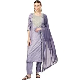 Women's Casual 3-4 th Sleeve Embroidery Silk Blend Kurti Pant Dupatta Set (Lavender, S)-PID50228