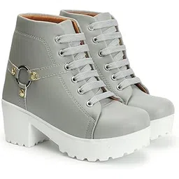 Luxury Women's Embellished Block Heel Boots - Stylish Synthetic Leather Lace-Up Booties with Metal Ring and Diamond Buckle