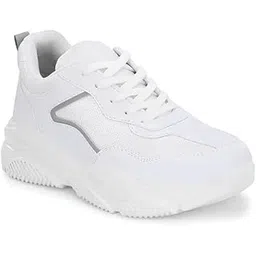 Women's Chunky Platform Sneakers, White Mesh Athletic Walking Shoes, Lightweight Casual Lace-Up Sport Trainers with Memory Foam Insole