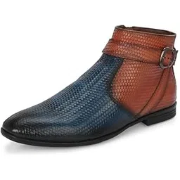 Men's Blue Leather Casual Buckle Boots