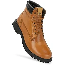 Men's Casual Lace-Up Boots, Tan Brown Leather, Padded Collar, Rugged Sole