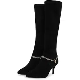 Women Black Stretch Suede Chain Embellished Knee High Long Boots