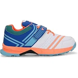Pro ASE Lightweight Cricket Shoes - Durable & Comfortable | Ideal for Turf, Ground & Hard Surfaces | Allrounder Design with Studs, Velcro & Superior Grip | White, Blue, Orange