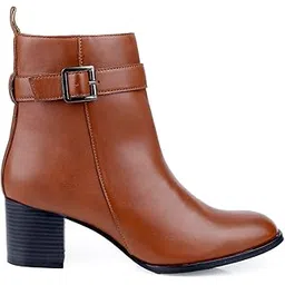 Women's Faux Leather Material Casual Buckle Zipper Boots and High Ankle Boot with Block Heels.