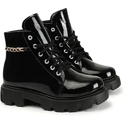 Smart Casual Chain Detailed Patent Leather Black Boots For Women & Girls Boots For Women