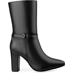 Women's 3.5 Inch Block Heel Height, Classic Leather-Stylish Mid Calf (Half Boot) Buckle Boots