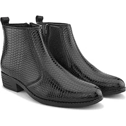 Men's Viperluxe PU Leather Textured Chelsea Ankle-High Dress Boots | Snake-Pattern Finish, Side Zip, Anti-Slip Sole