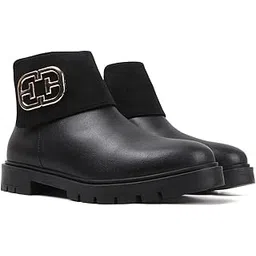 Women's Chic Dual Texture with Gold-Tone Embellishment Ankle Boots