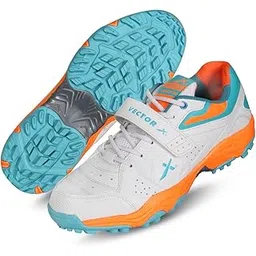 CKT- 200 Men’s PU Upper/TPU Sole/Rubber Cricket Shoes Water-Resistant Footwear for Outdoor and Field Sports Shoe with Midfoot Support Strap (White-Blue-Orange, Size-4)