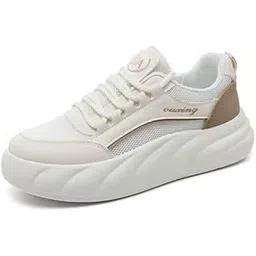 Women’s White Beige Sneakers lace-up Chunky Sole with Cushioned Insole for Walking Travel and Casual Wear