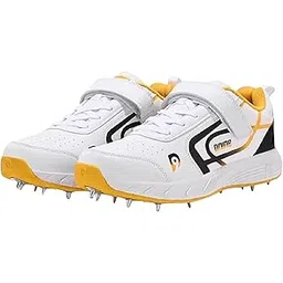 King-2 Bowling Spikes Cricket Shoes for Men – White/Yellow | PU Upper, Breathable Mesh, Foam Cushioning & Metal Spikes