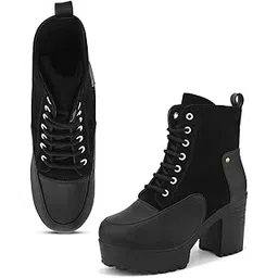 women's Lace-Up Ankle Boots with Chunky Block Heel, Faux Leather and Suede Combination, Stylish and Durable for Women & Girls