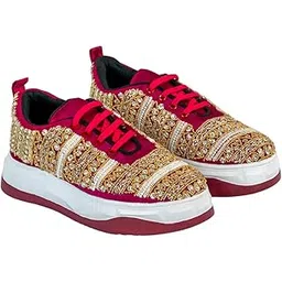 Jahanara Bridal Sneakers Red Velvet with Gold Embroidered Pattern & Crystal Embellishments