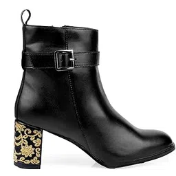 Women's Faux Leather Material Embroidered Heels Buckle and Zipper High Ankle Formal Boots.