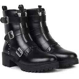 Slays Multi-Strap & Studs Combat Mid Calf Boots for Women | Extra Cushion Comfort, Skin-Friendly, Zipper | Trendy, Stylish & Perfect for Winter or Holiday Outings