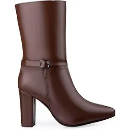 Women's 3.5 Inch Block Heel Height, Classic Leather-Stylish Mid Calf (Half Boot) Buckle Boots