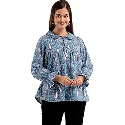 Women's Cotton Floral Printed Classic Small Boota Collarad Fashion Sleeve Top