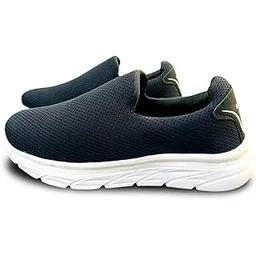 Flick Mesh Slip-On Walking Shoes, Black Breathable Comfort Sneakers with White Outsole, Orange Interior