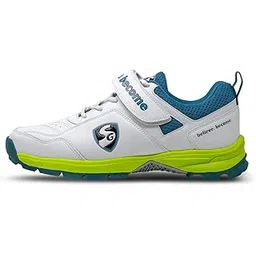 SG Century 6.0 Cricket Shoe (Color: White, Sea Green & Fluorescent Green, Size: UK9/US10/EU43) | for Mens & Boys | Material: PU & Rubber | Velcro with Laces for Flexible Performance