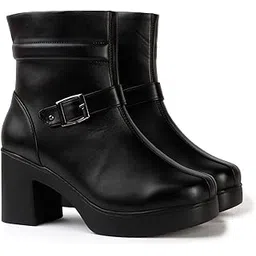 Women’s Black Minimal Buckle Ankle Boots | Sleek Elegant Block Heel Design