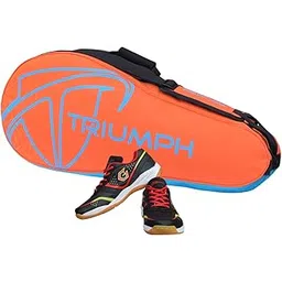 Gowin Badminton Shoe Smash Black Size-12 Kids with Triumph Badminton Bag 303 Orange/Sky