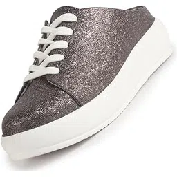 Women Back Open Glitter Mule Sneakers with Lace-Up Front | White Platform Sole Slip On Shoe | Memory Cushioned Insole