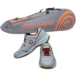 Gowin Badminton Shoe Smash Grey Size-12 Kids with Triumph Badminton Bag 304 Grey/Orange