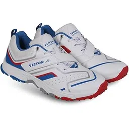 Vector X Striker Pro Cricket Shoe for Men with PU Upper/Sports Shoes/EVA Sockliner Sports Midfoot Support Strap Color: White-Blue-Red Size :