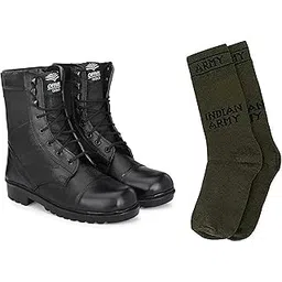 OMEE GOLD NCC/Military/Army Boot Shoes for Men's Genuine Leather (Black) + Free Indian Army Green Socks