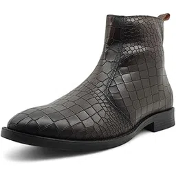 Men's Black Croco Pattern Leather Chelsea Boots with Side Zip