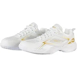 Champ 259 (CC 259) Non-Marking Professional Badminton Shoes | Ideal for Indoor Games (Badminton, Tennis, Volleyball, Squash) Durable | Super Stable | Hi-Comfy Badminton Shoe White Gold (UK 5)