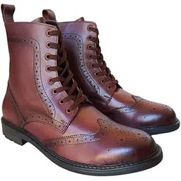 Handmade Cherry Brown Leather Wingtip Brogue Boots For Men - Stylish Genuine Premium High Ankle Shoe