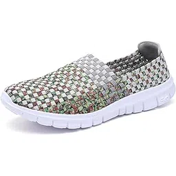 Women Multicolor Elasticized Fabric Casual Plaid Weave Flats Slip on Sneakers Walking Shoes (UK3.5(EU36),Grey)