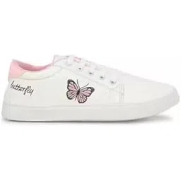 Women's Butterfly Print Canvas Sneakers, White and Pink, Casual Lace-up Design
