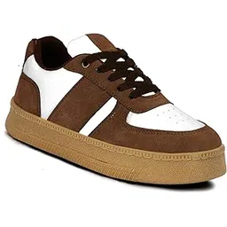Women’s Beige & White Casual Sneakers with Gum Sole – Stylish Lace-Up Shoes for Everyday Wear