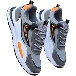 Men's Athletic Running Shoes, Mesh Sports Sneakers, Grey and Orange, Gym Training