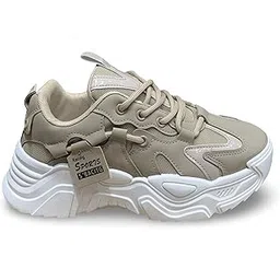 Sports Racing Chunky Sneakers, Beige Mesh Athletic Shoes with White Platform Sole Casual Shoes for Womens