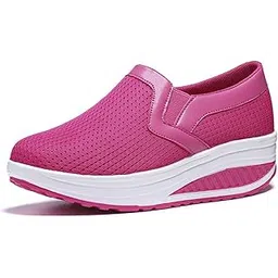 Women Wedge Shoes Breathable Mesh Sneakers Slip On Comfort Walking Shoes 1608 Red 36