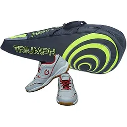 Gowin Badminton Shoe Smash Grey Size-12 Kids with Triumph Badminton Bag 304 Black/Lime