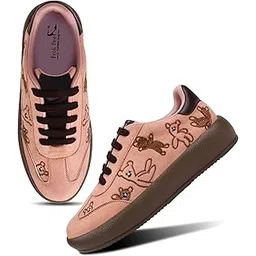 Froh Feet Women’s Casual Sneakers | Cute Teddy Bear Embroidered Lace-Up Shoes with Chunky Sole